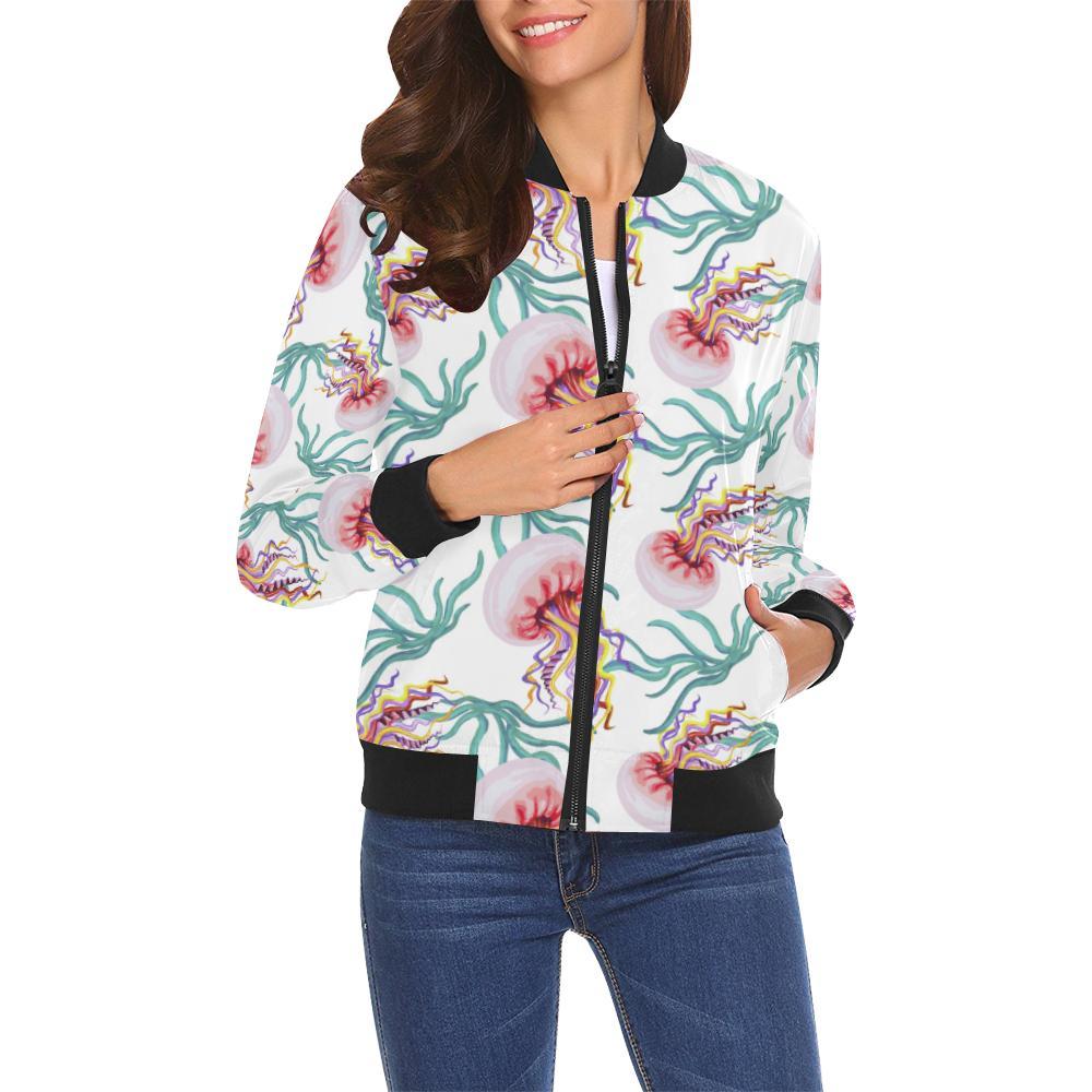 Cartoon Jellyfish Pattern Print Women Casual Bomber Jacket-grizzshop