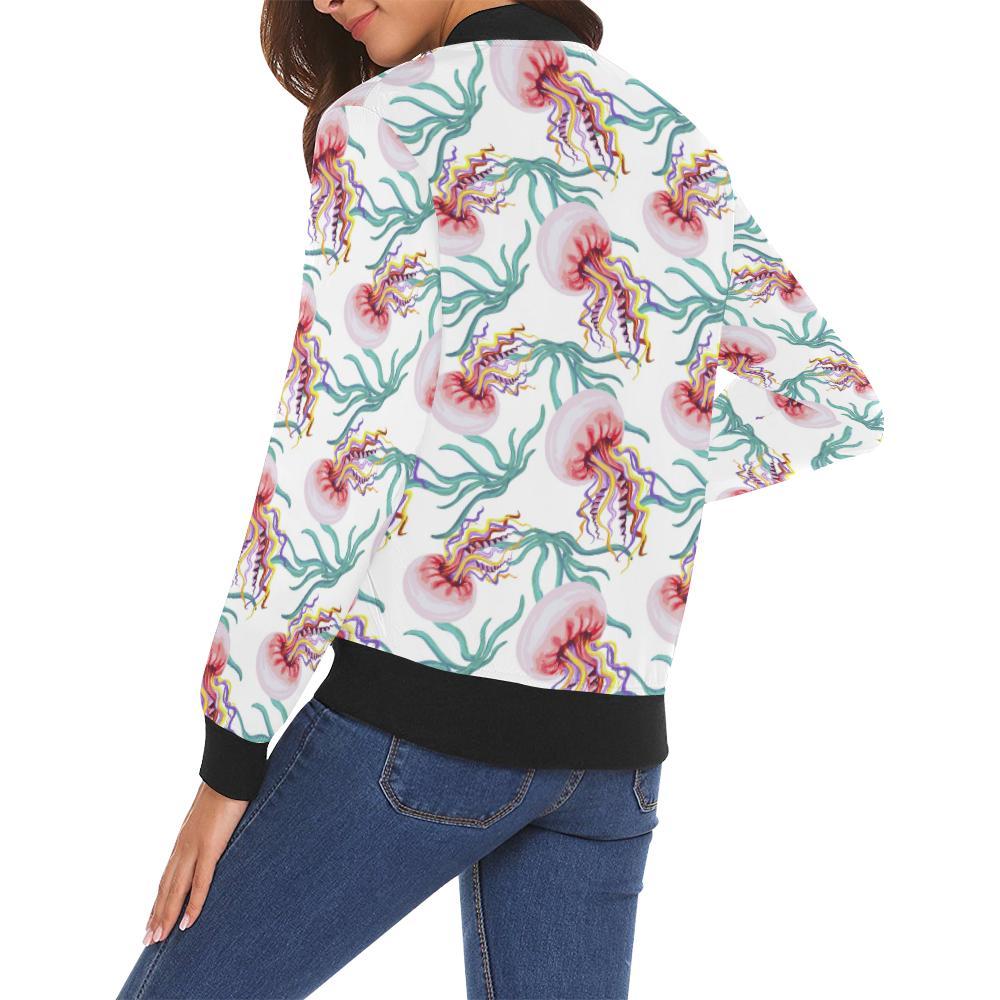 Cartoon Jellyfish Pattern Print Women Casual Bomber Jacket-grizzshop