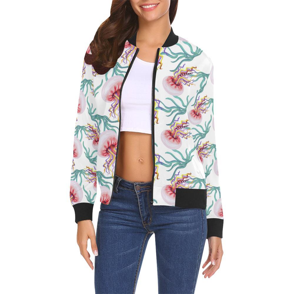 Cartoon Jellyfish Pattern Print Women Casual Bomber Jacket-grizzshop
