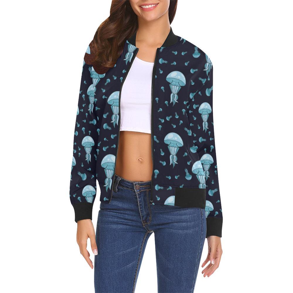 Cartoon Jellyfish Print Pattern Women Casual Bomber Jacket-grizzshop