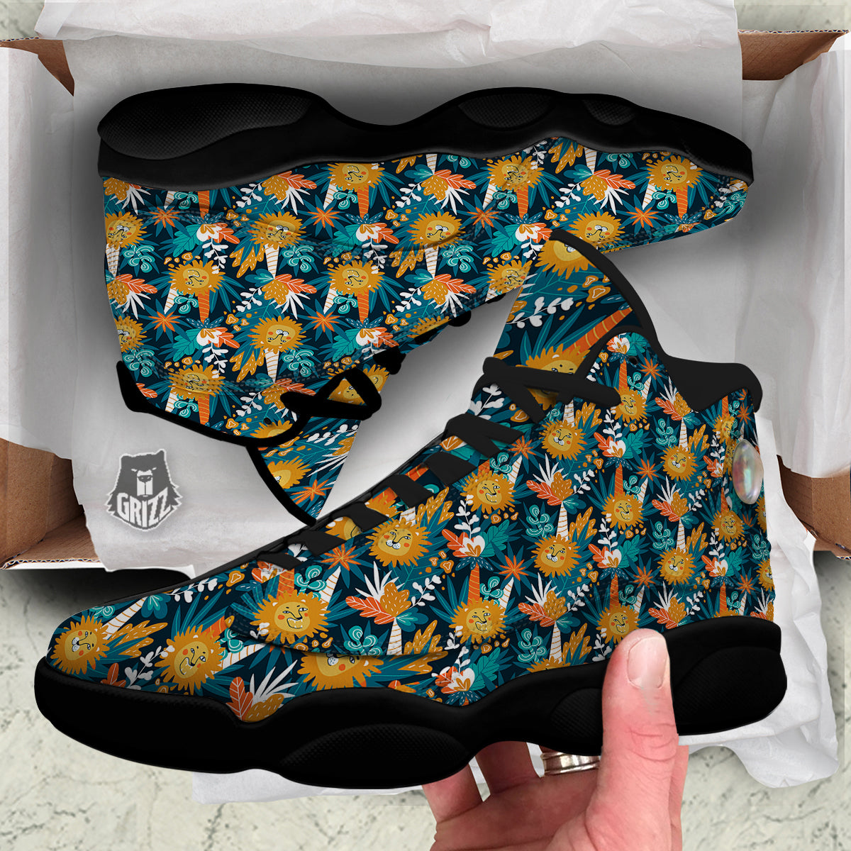 Cartoon Lion And Forest Print Pattern Black Basketball Shoes-grizzshop