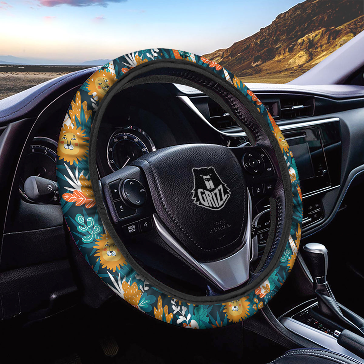 Cartoon Lion And Forest Print Pattern Car Steering Wheel Cover-grizzshop