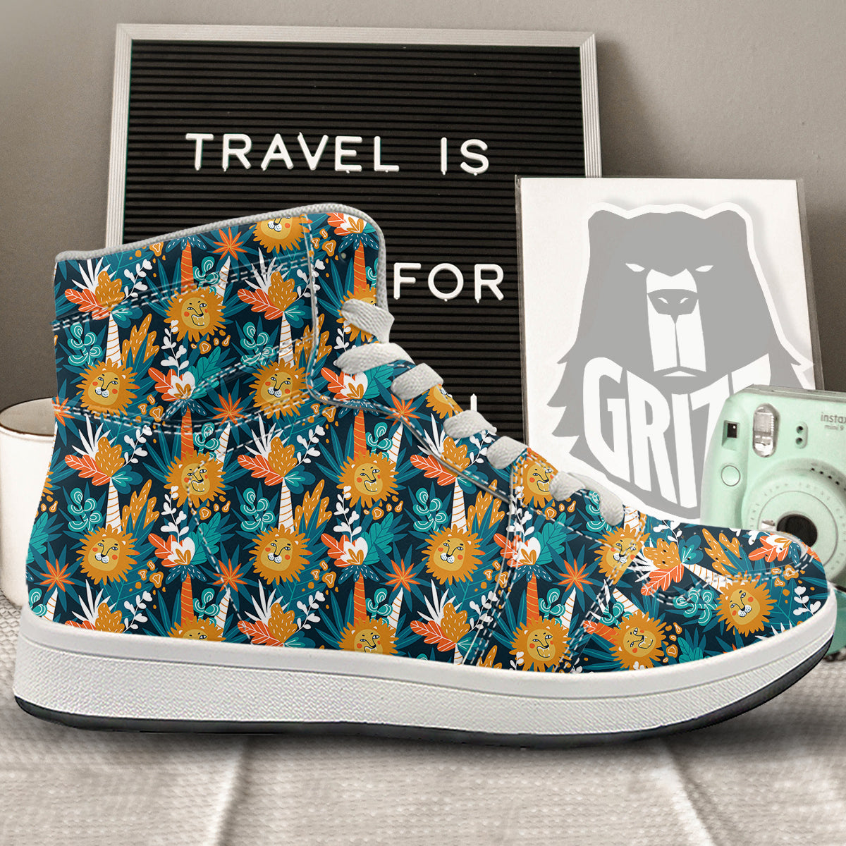 Cartoon Lion And Forest Print Pattern High Top Sneakers-grizzshop