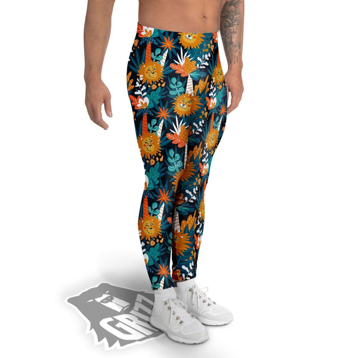 Cartoon Lion And Forest Print Pattern Men's Leggings-grizzshop