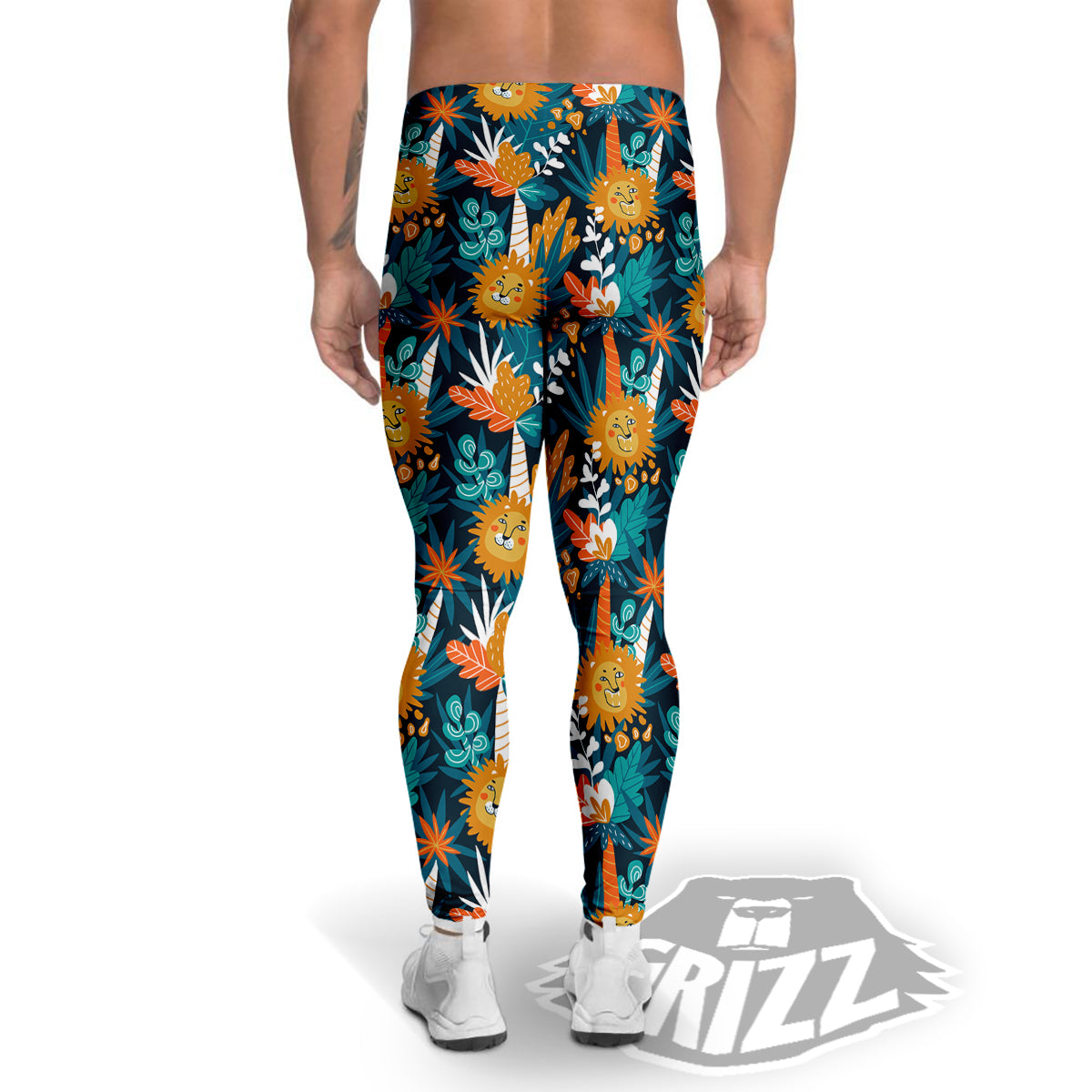 Cartoon Lion And Forest Print Pattern Men's Leggings-grizzshop
