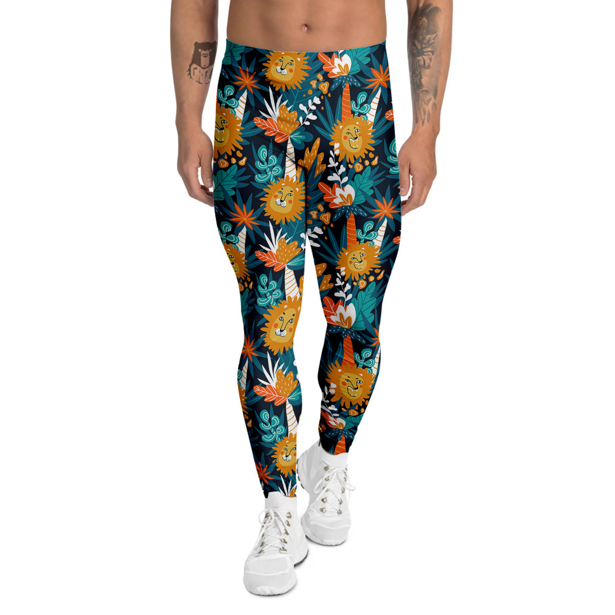 Cartoon Lion And Forest Print Pattern Men's Leggings-grizzshop