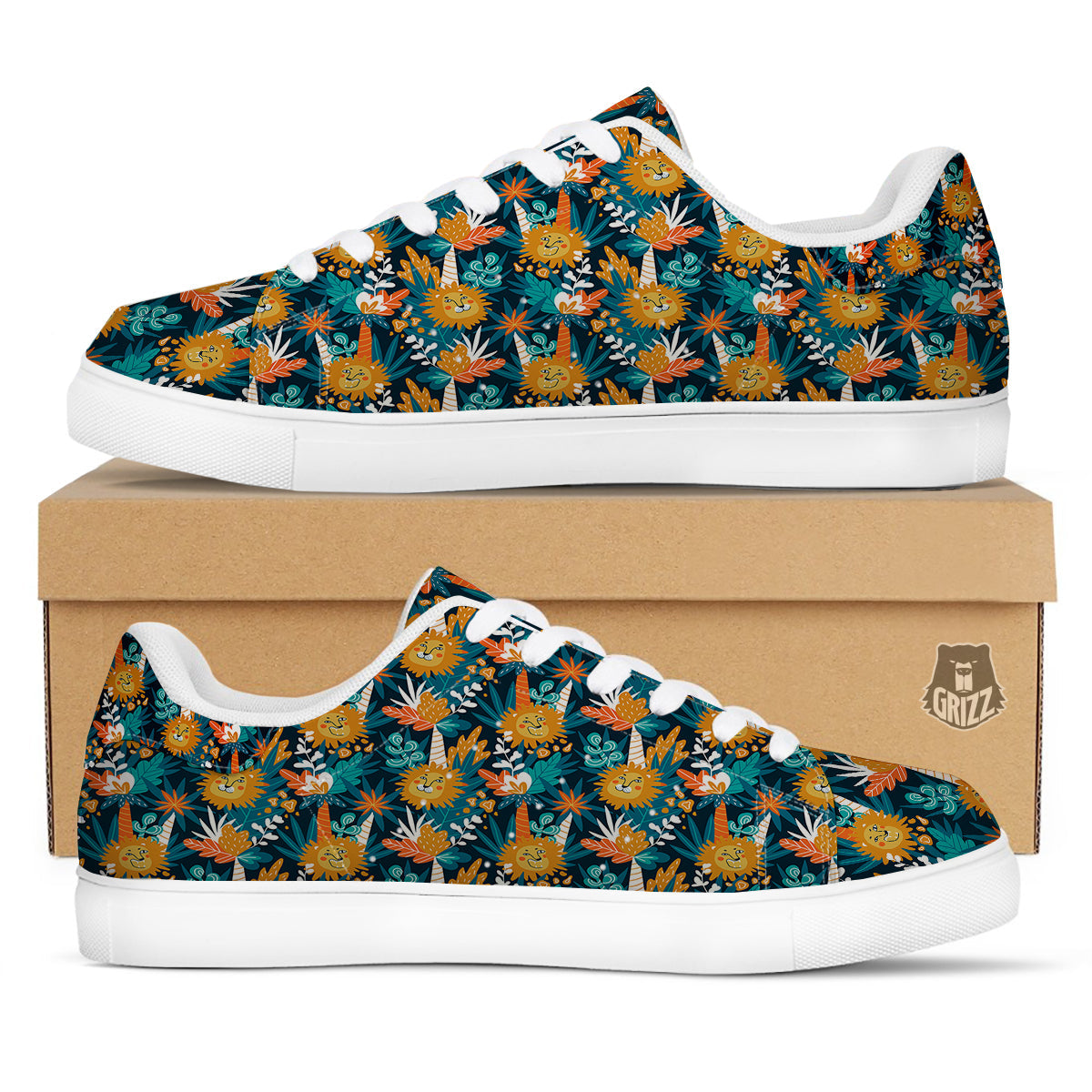 Cartoon Lion And Forest Print Pattern White Low Top Sneakers-grizzshop