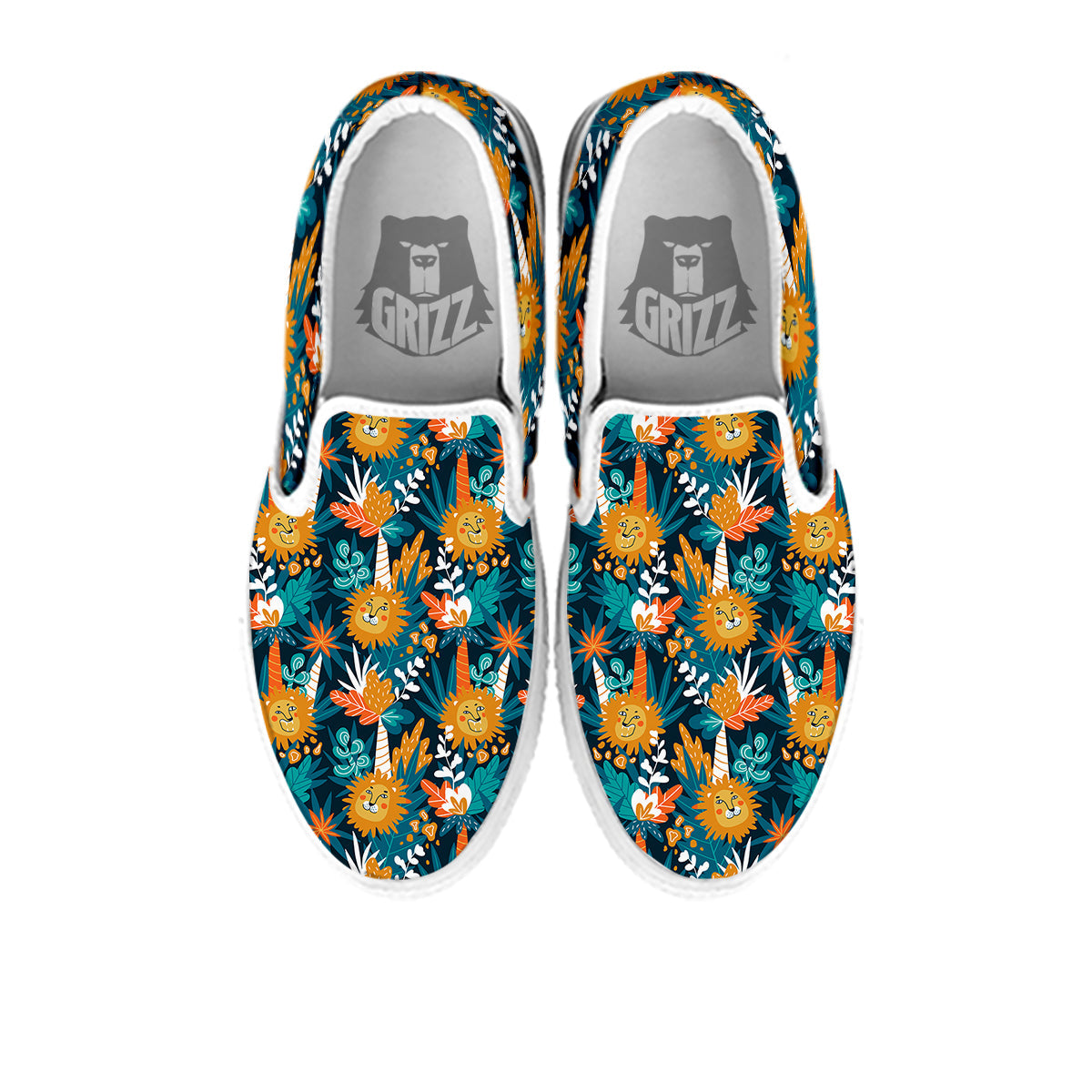 Cartoon Lion And Forest Print Pattern White Slip On Shoes-grizzshop