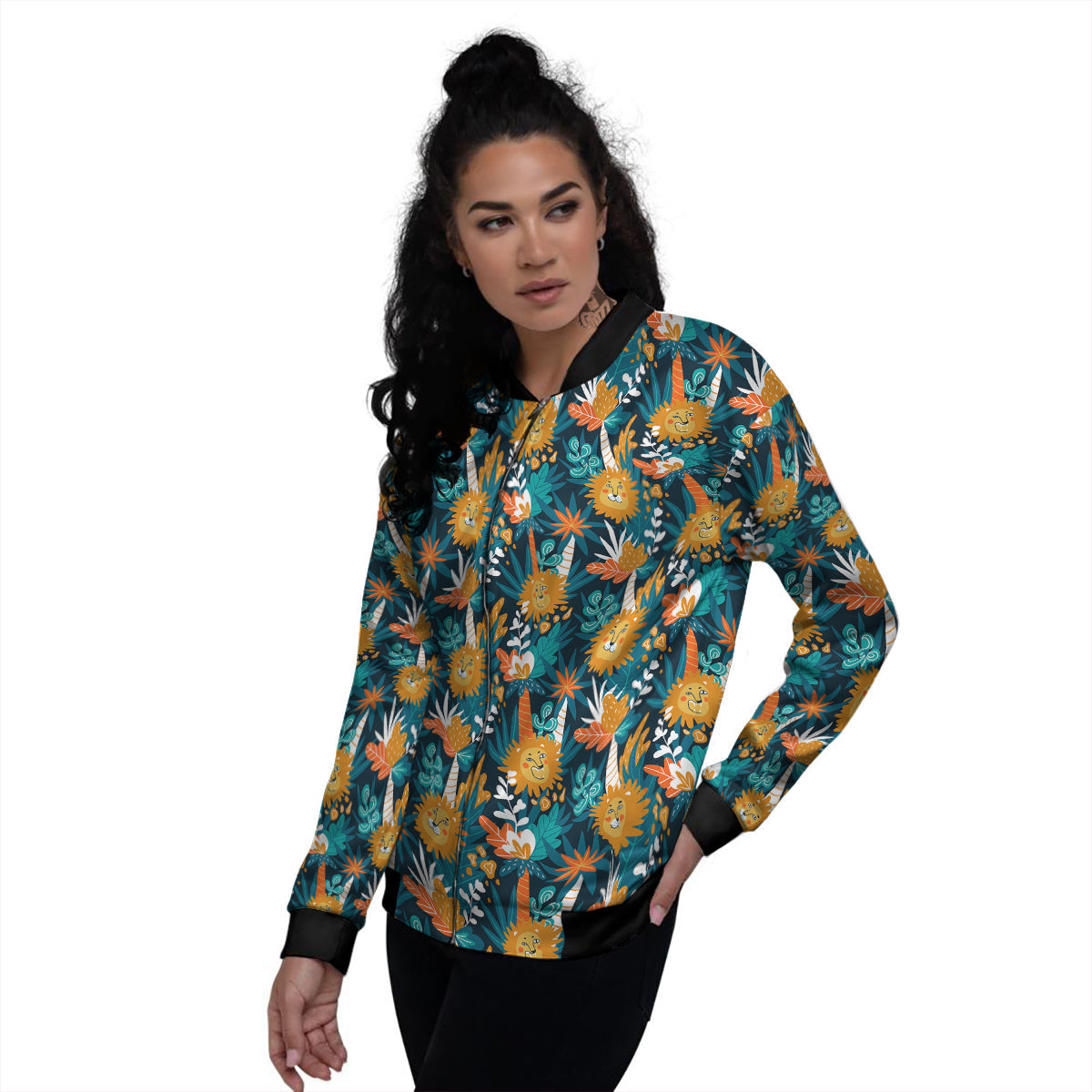 Cartoon Lion And Forest Print Pattern Women's Bomber Jacket-grizzshop