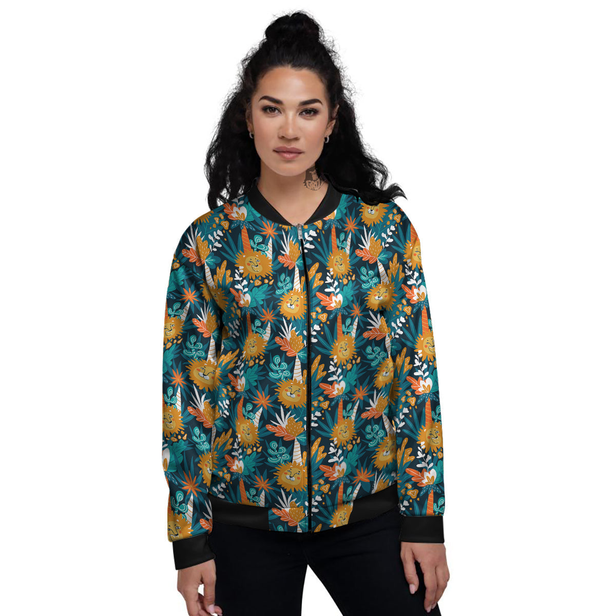Cartoon Lion And Forest Print Pattern Women's Bomber Jacket-grizzshop