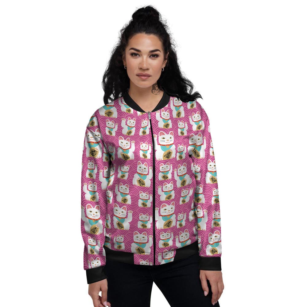 Cartoon Lucky Cat Japanese Print Pattern Women's Bomber Jacket-grizzshop