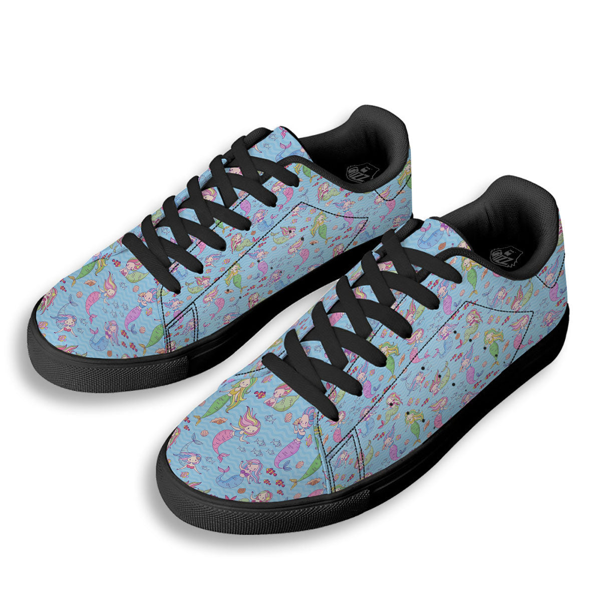 Cartoon Mermaid Print Pattern Black Low Top Sneakers-grizzshop