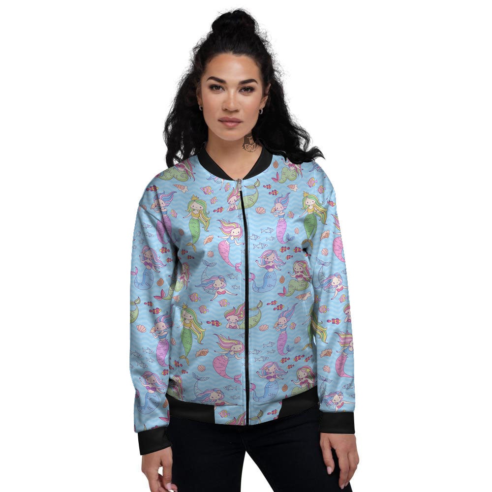 Cartoon Mermaid Print Pattern Women's Bomber Jacket-grizzshop