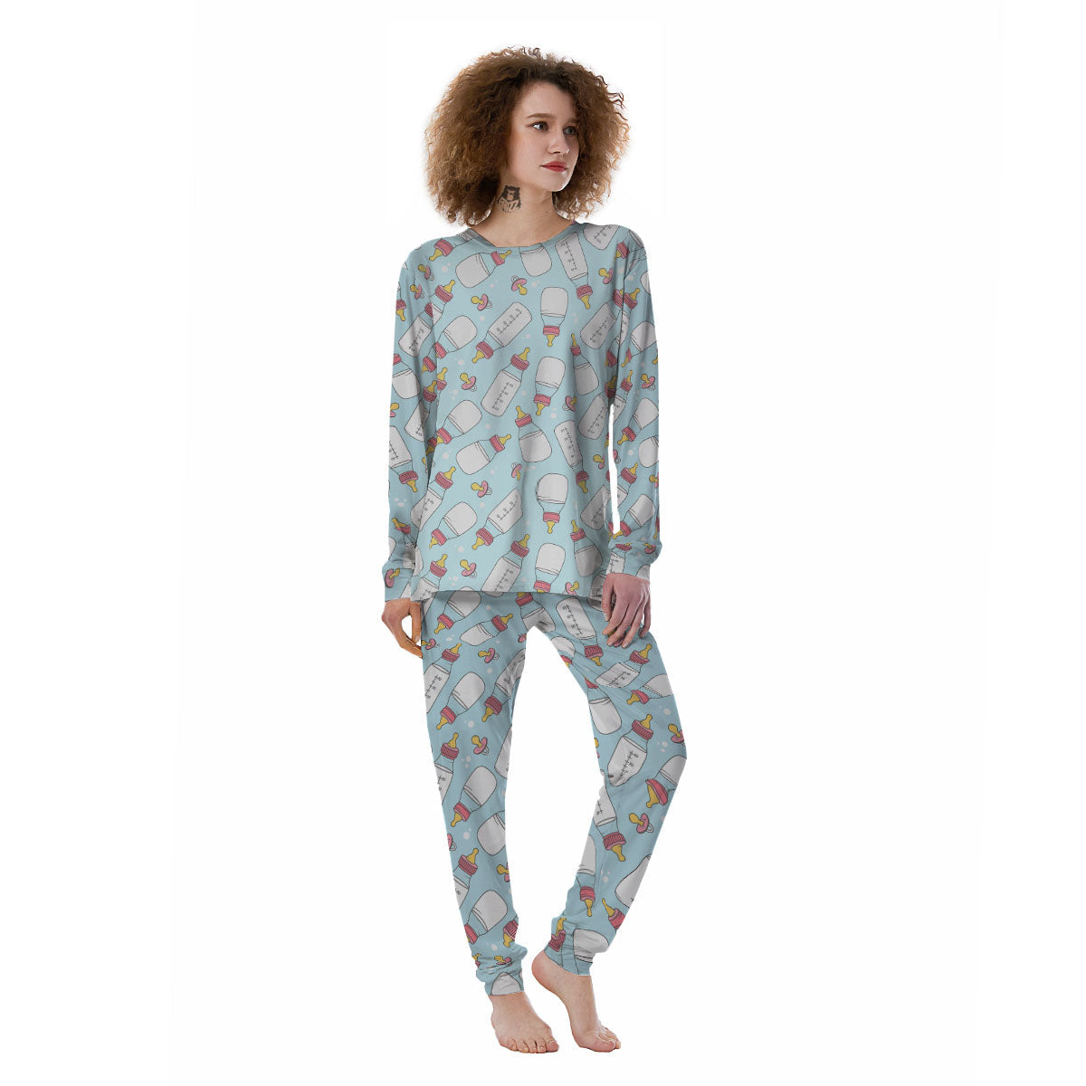 Cartoon Milk Bottle Print Pattern Women's Pajamas-grizzshop