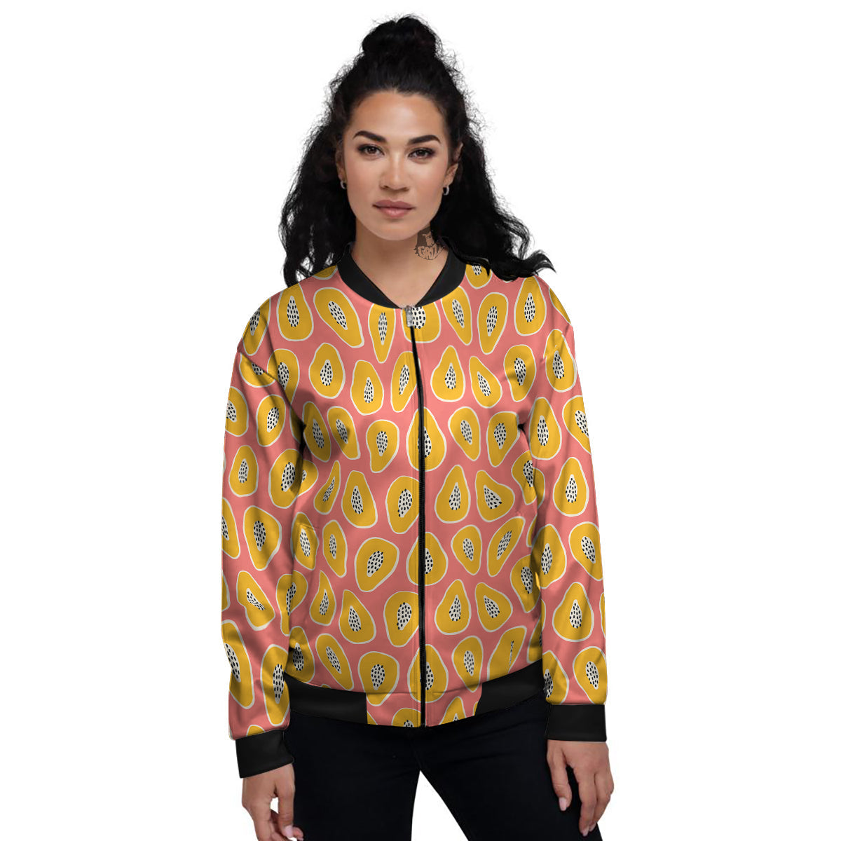 Cartoon Papaya Pink Print Pattern Women's Bomber Jacket-grizzshop