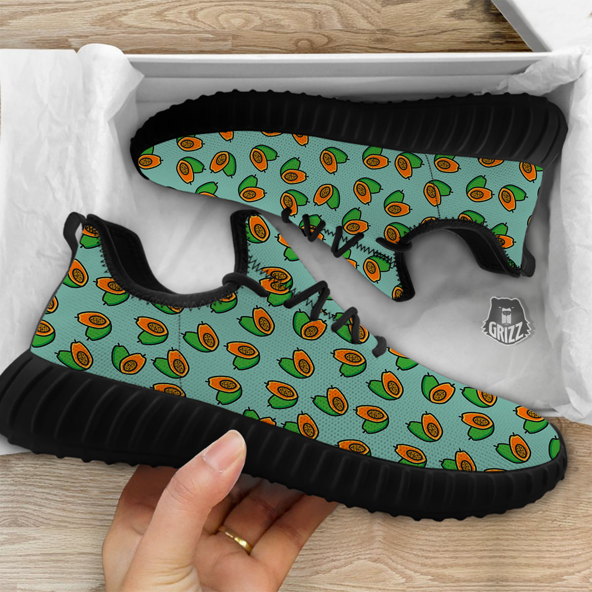 Cartoon Papaya Print Pattern Black Walking Shoes-grizzshop
