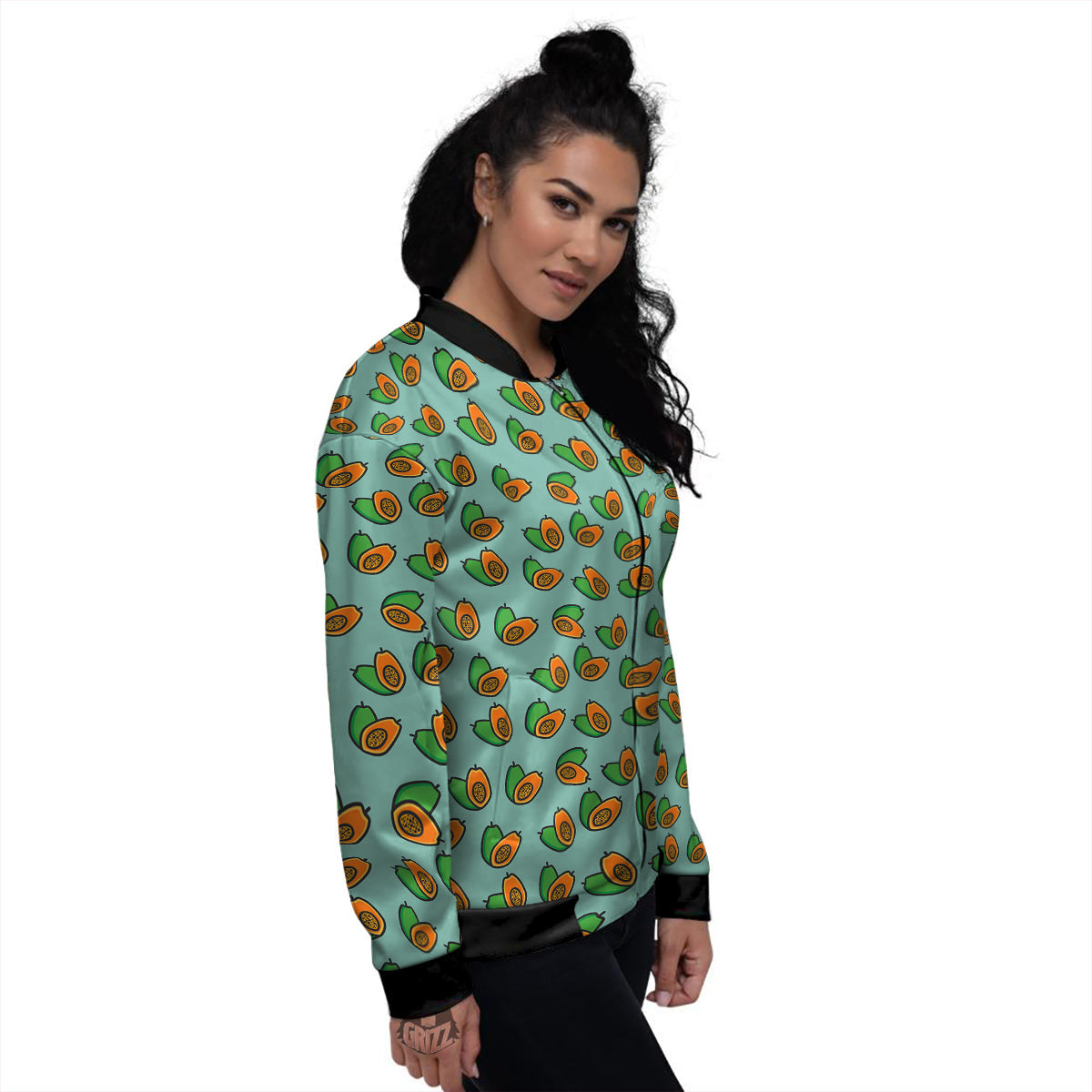 Cartoon Papaya Print Pattern Women's Bomber Jacket-grizzshop