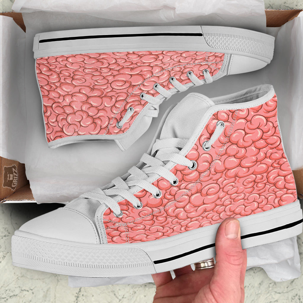 Cartoon Pink Brain Print Pattern White High Top Shoes-grizzshop