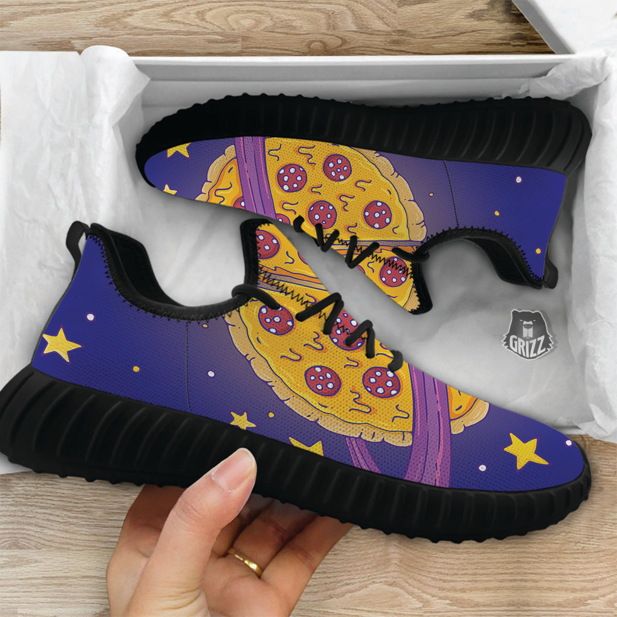 Cartoon Pizza Planet Print Black Walking Shoes-grizzshop