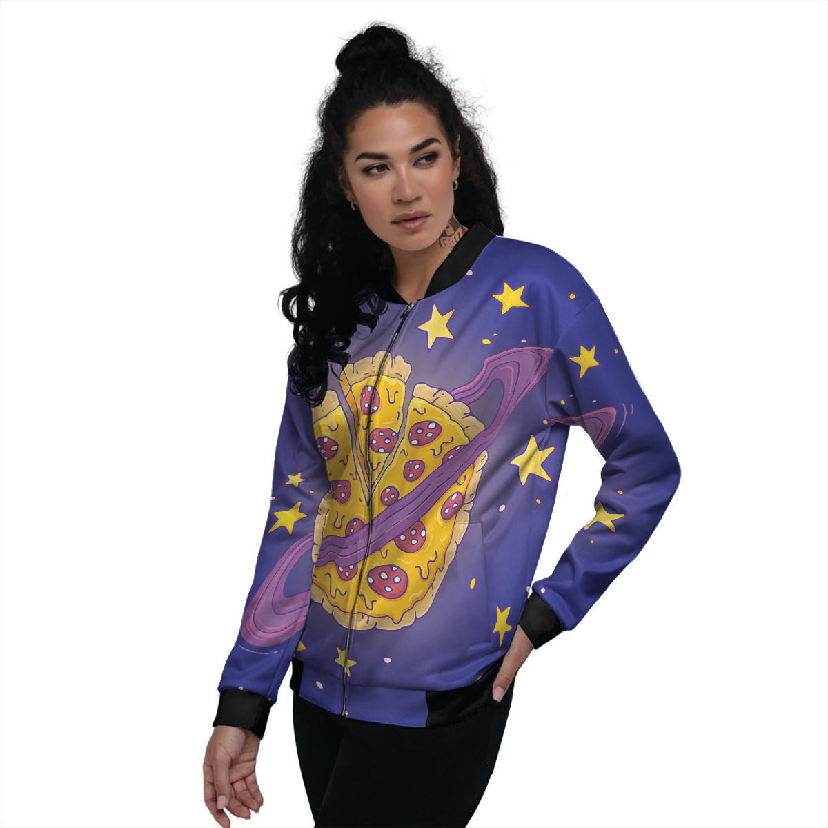Cartoon Pizza Planet Print Women's Bomber Jacket-grizzshop