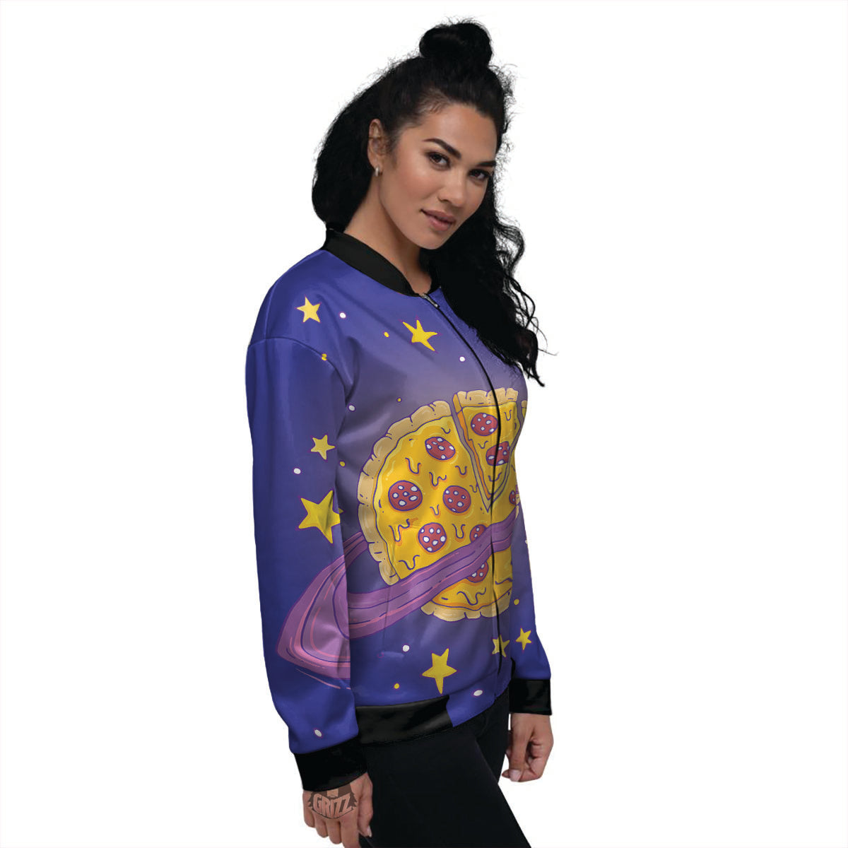 Cartoon Pizza Planet Print Women's Bomber Jacket-grizzshop