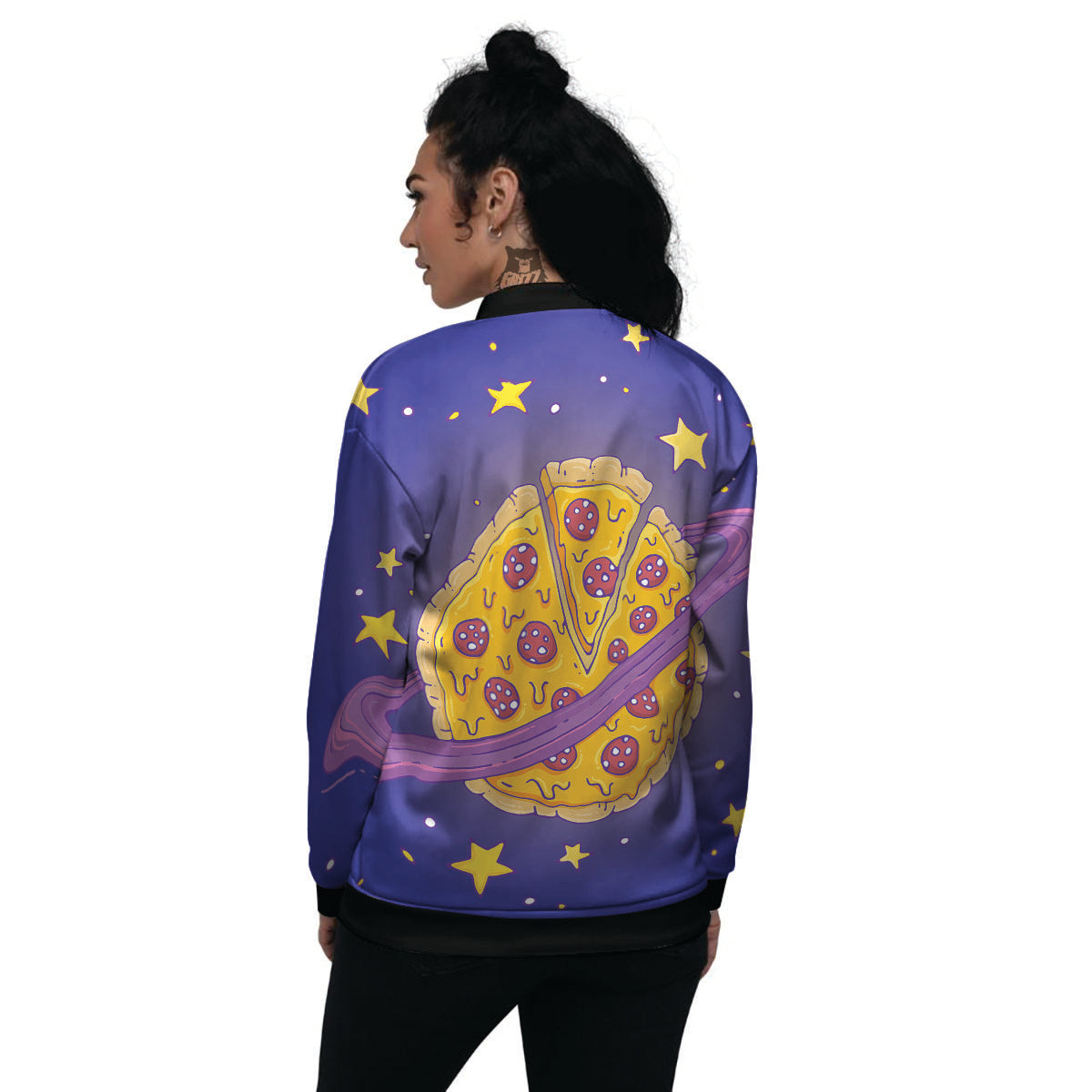 Cartoon Pizza Planet Print Women's Bomber Jacket-grizzshop