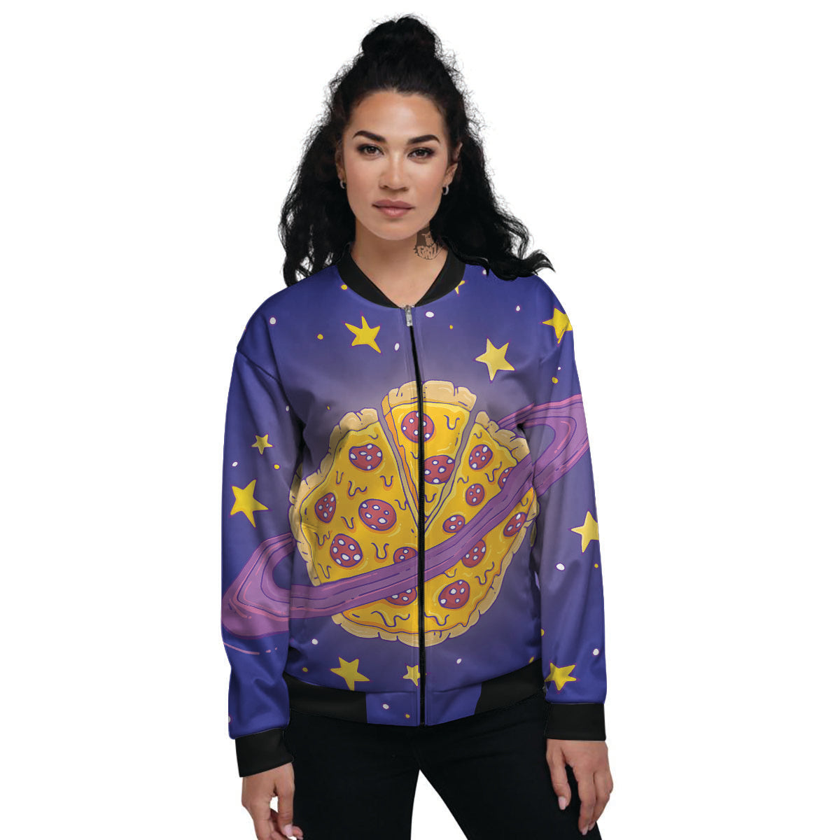 Cartoon Pizza Planet Print Women's Bomber Jacket-grizzshop