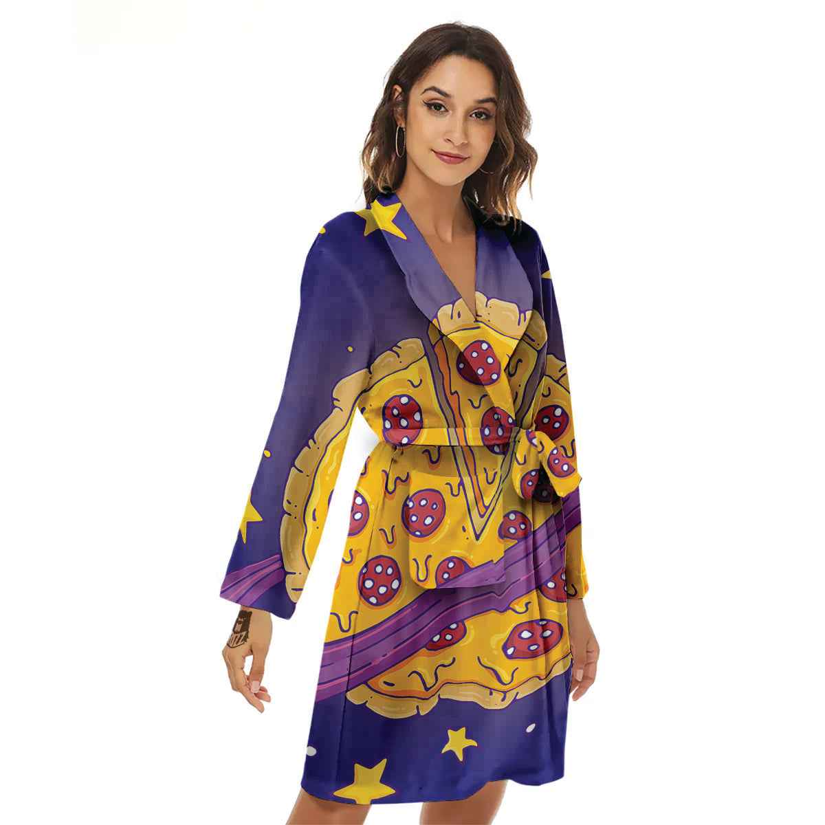 Cartoon Pizza Planet Print Women's Robe-grizzshop