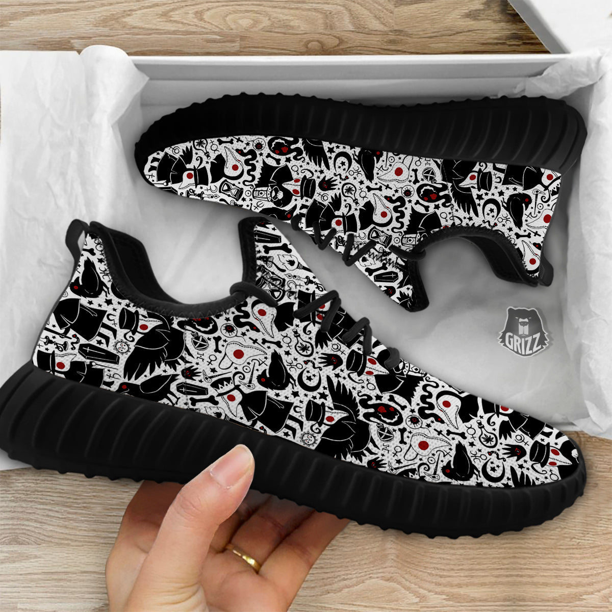 Cartoon Plague Doctors And Crows Red Eyes Print Pattern Black Walking Shoes-grizzshop