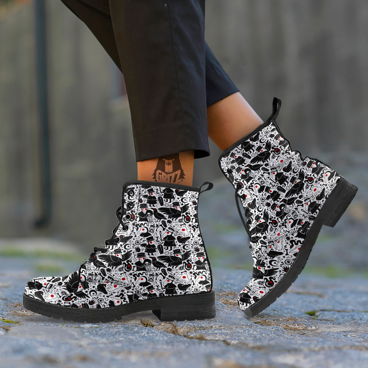 Cartoon Plague Doctors And Crows Red Eyes Print Pattern Leather Boots-grizzshop