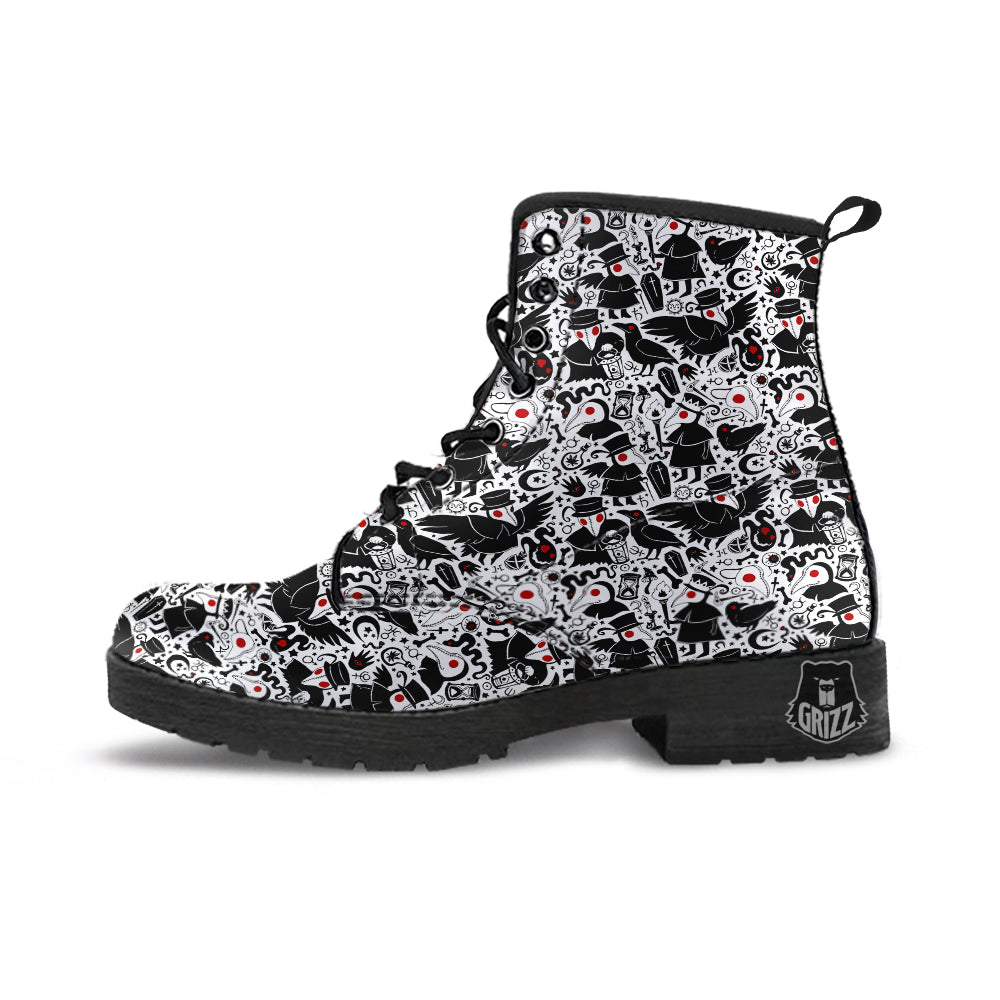 Cartoon Plague Doctors And Crows Red Eyes Print Pattern Leather Boots-grizzshop