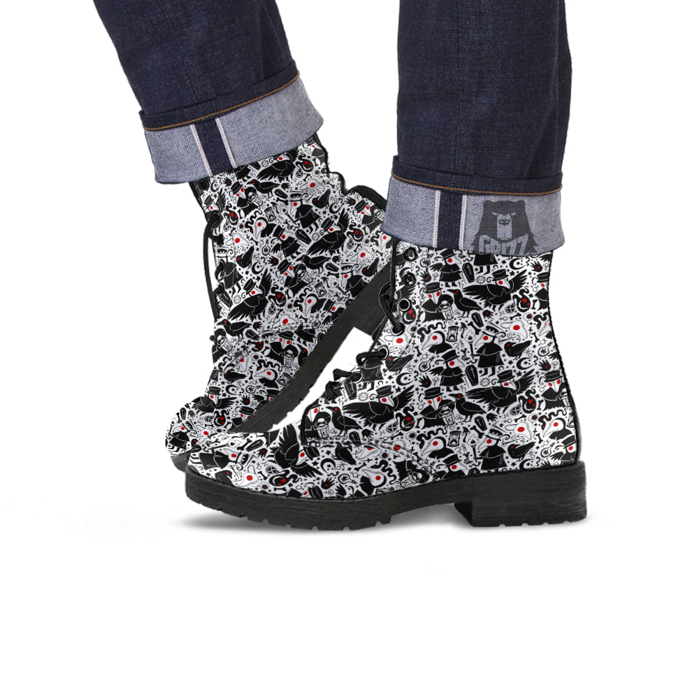 Cartoon Plague Doctors And Crows Red Eyes Print Pattern Leather Boots-grizzshop