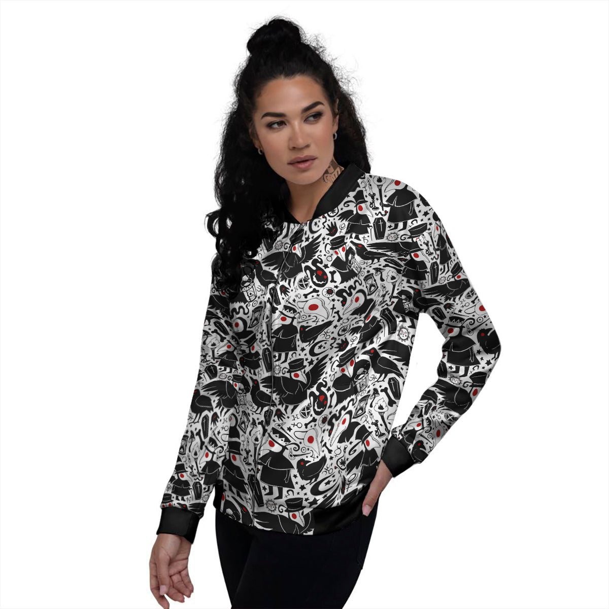 Cartoon Plague Doctors And Crows Red Eyes Print Pattern Women's Bomber Jacket-grizzshop