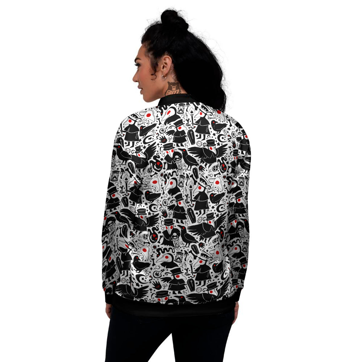 Cartoon Plague Doctors And Crows Red Eyes Print Pattern Women's Bomber Jacket-grizzshop