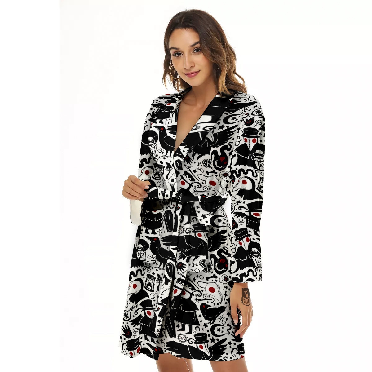 Cartoon Plague Doctors And Crows Red Eyes Print Pattern Women's Robe-grizzshop