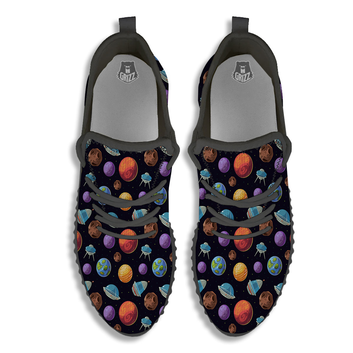 Cartoon Planets Colorful UFO Print Pattern Black Walking Shoes-grizzshop
