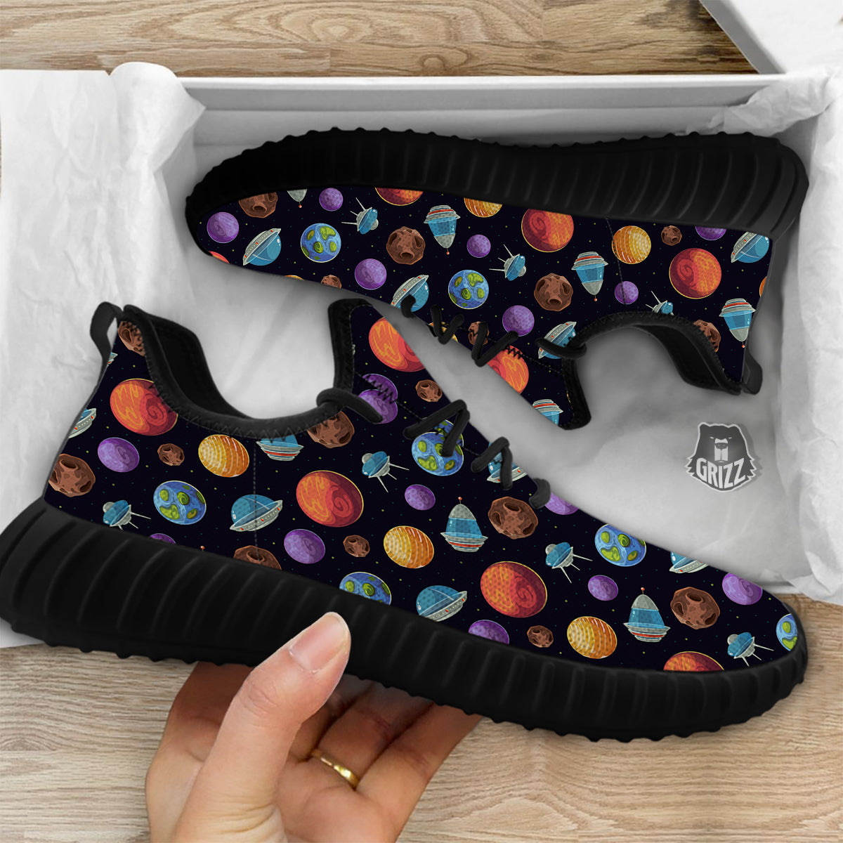 Cartoon Planets Colorful UFO Print Pattern Black Walking Shoes-grizzshop