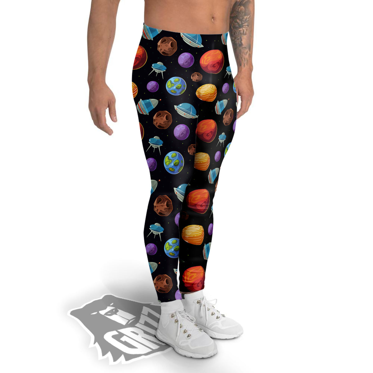 Cartoon Planets Colorful UFO Print Pattern Men's Leggings-grizzshop