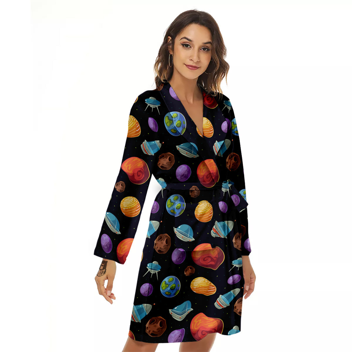 Cartoon Planets Colorful UFO Print Pattern Women's Robe-grizzshop