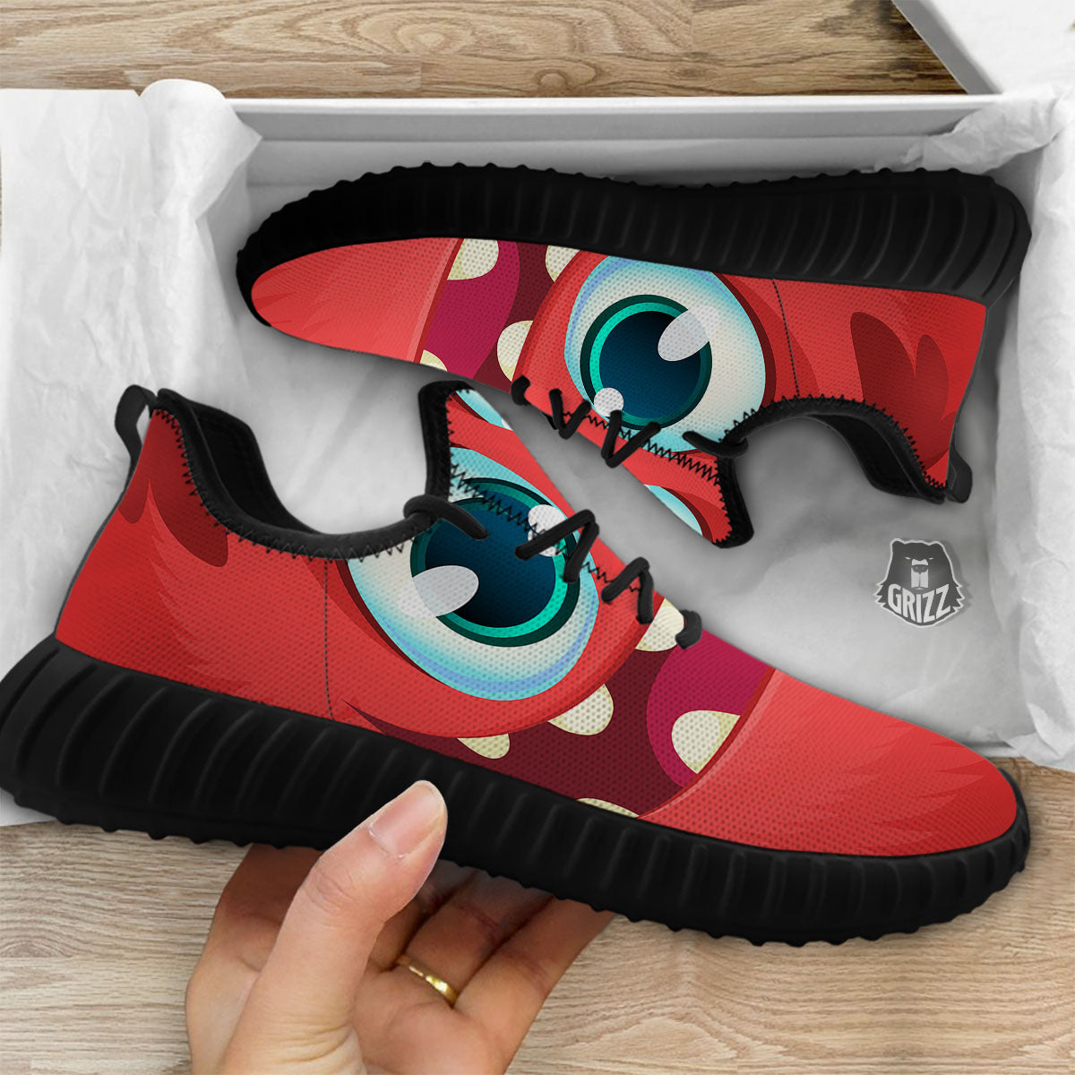Cartoon Red Monster Face Cute Print Black Walking Shoes-grizzshop