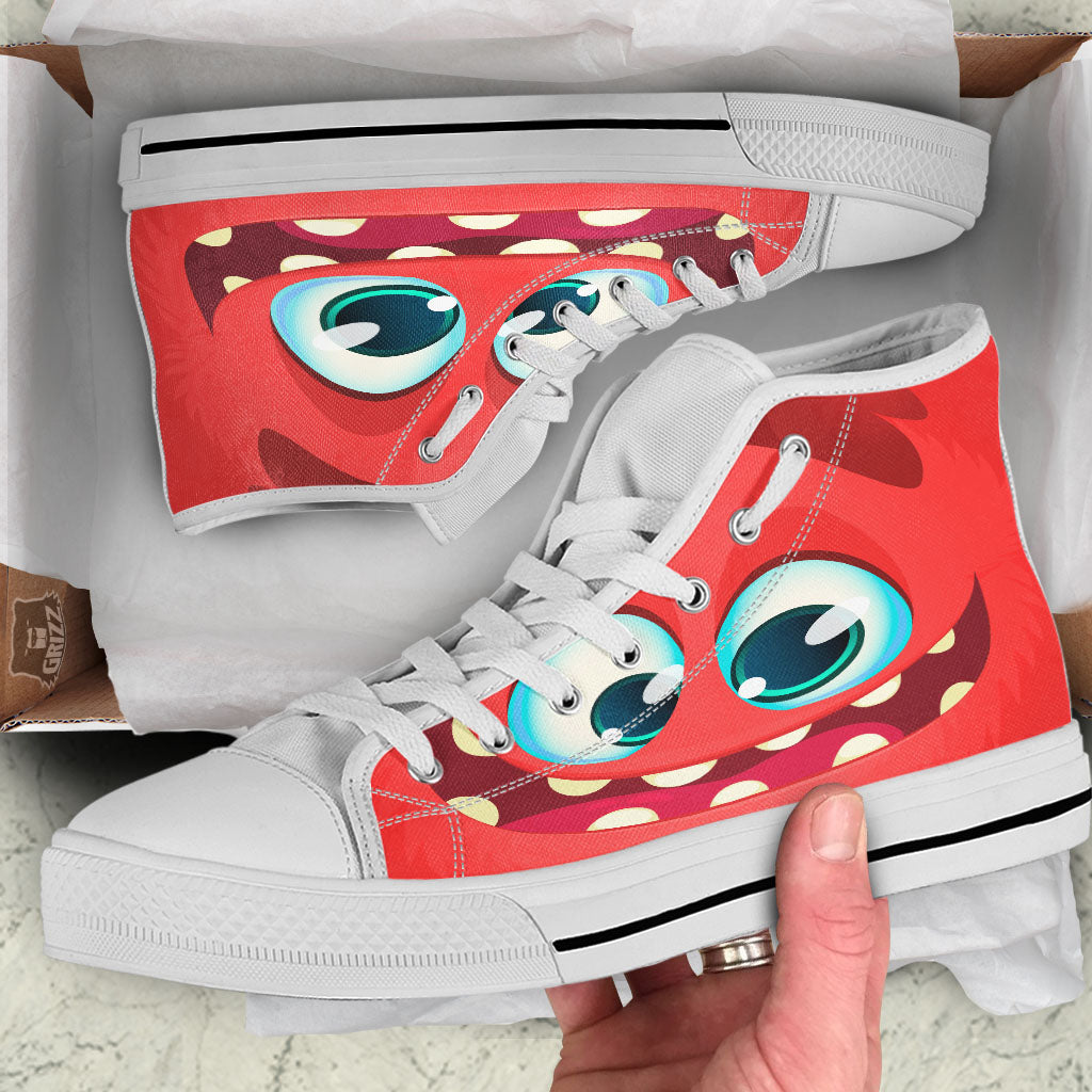 Cartoon Red Monster Face Cute Print White High Top Shoes-grizzshop