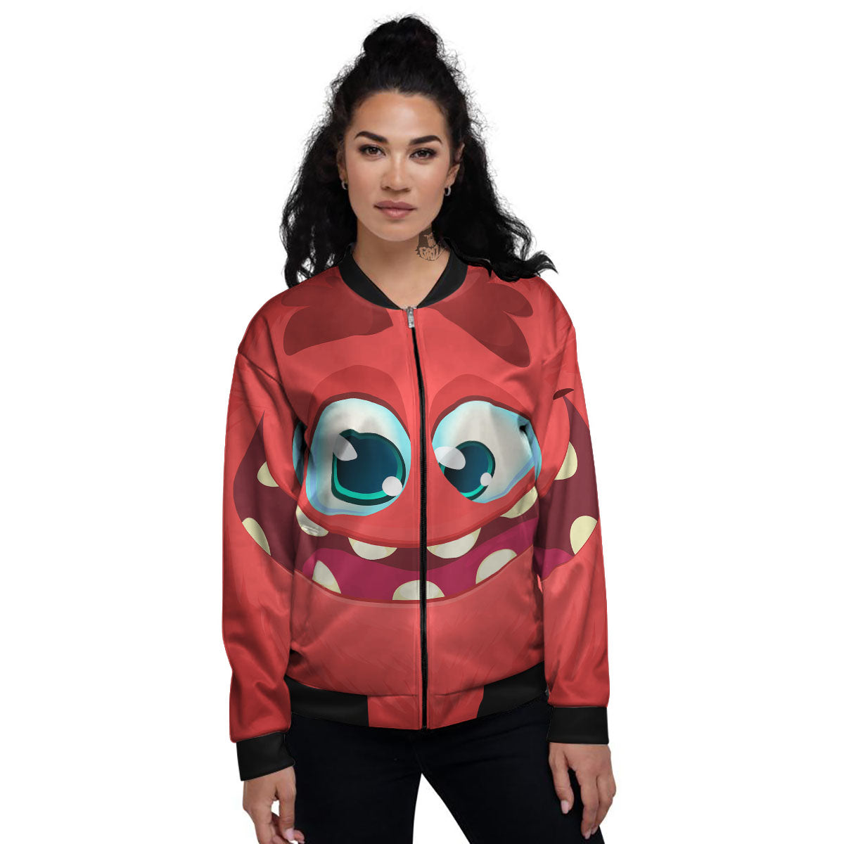 Cartoon Red Monster Face Cute Print Women's Bomber Jacket-grizzshop