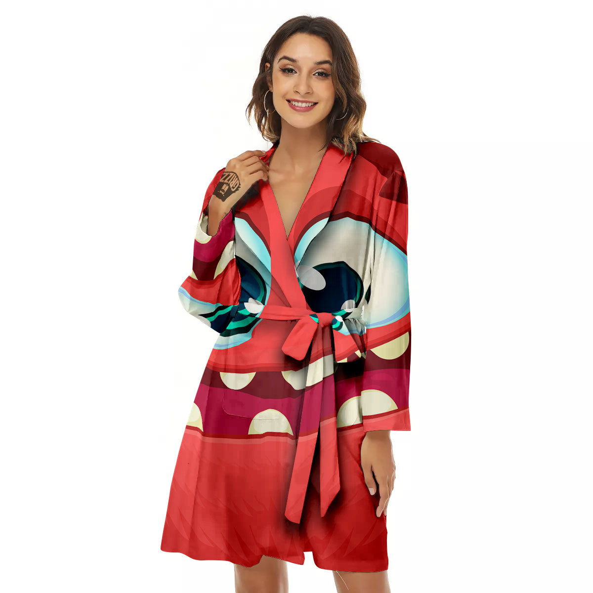 Cartoon Red Monster Face Cute Print Women's Robe-grizzshop