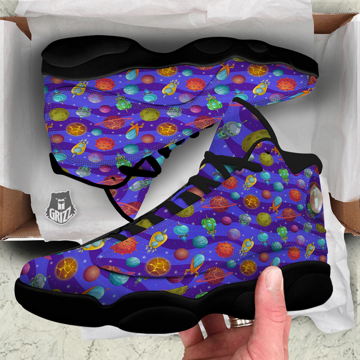 Cartoon Space Ships And Planets Print Pattern Black Basketball Shoes-grizzshop