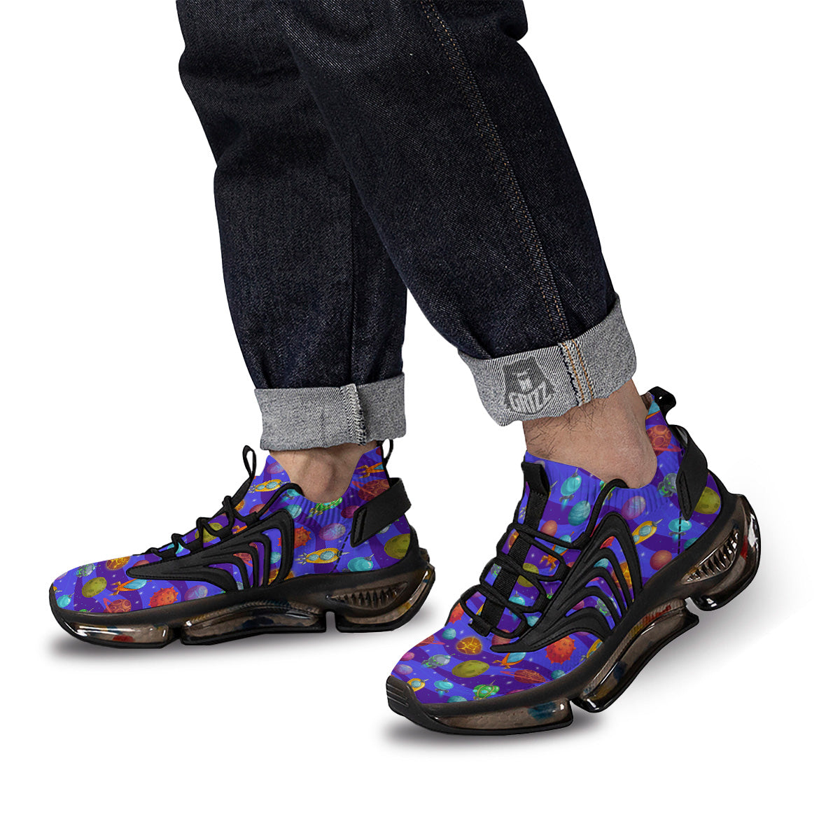 Cartoon Space Ships And Planets Print Pattern Black Gym Shoes-grizzshop