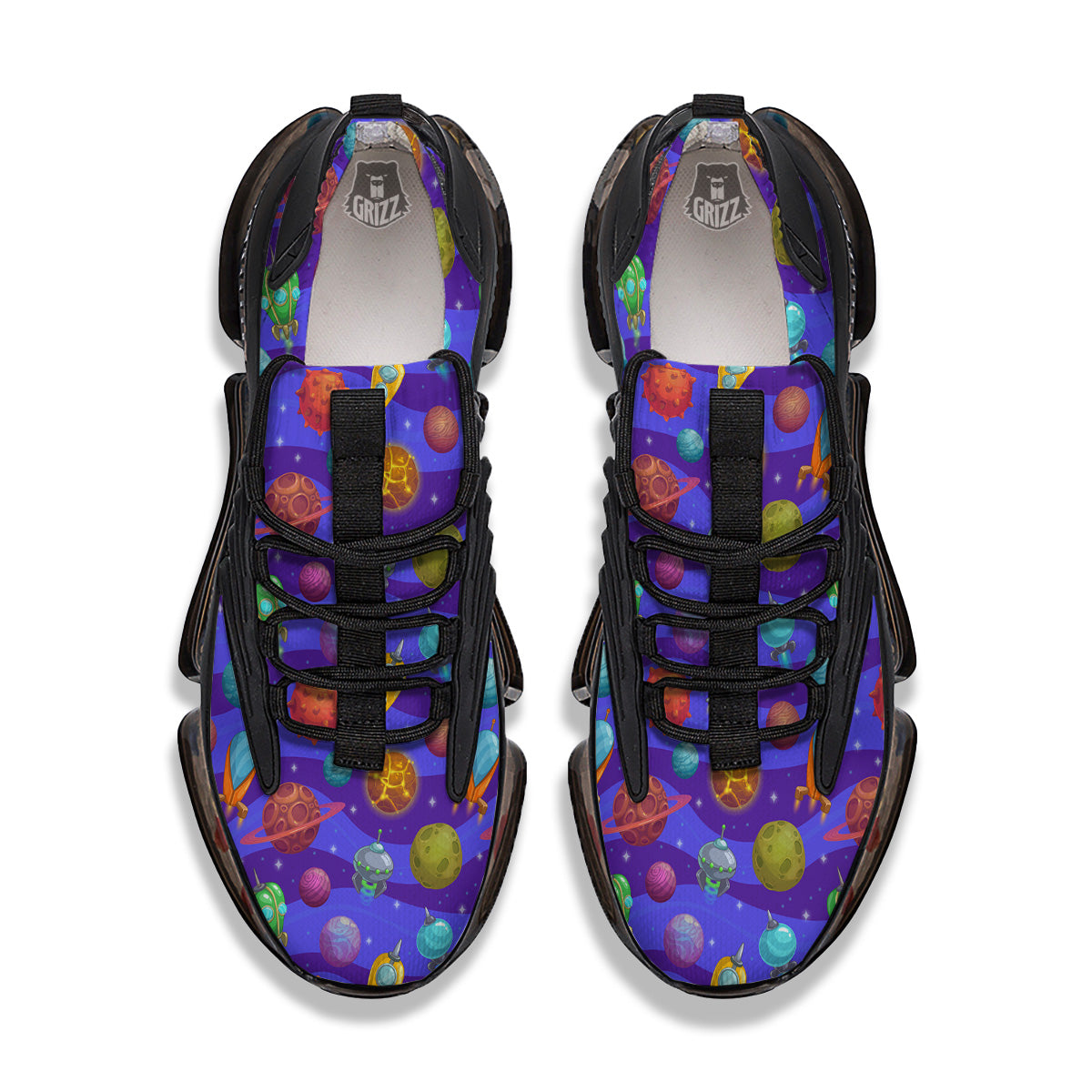 Cartoon Space Ships And Planets Print Pattern Black Gym Shoes-grizzshop