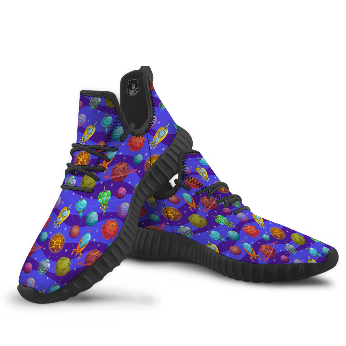 Cartoon Space Ships And Planets Print Pattern Black Walking Shoes-grizzshop