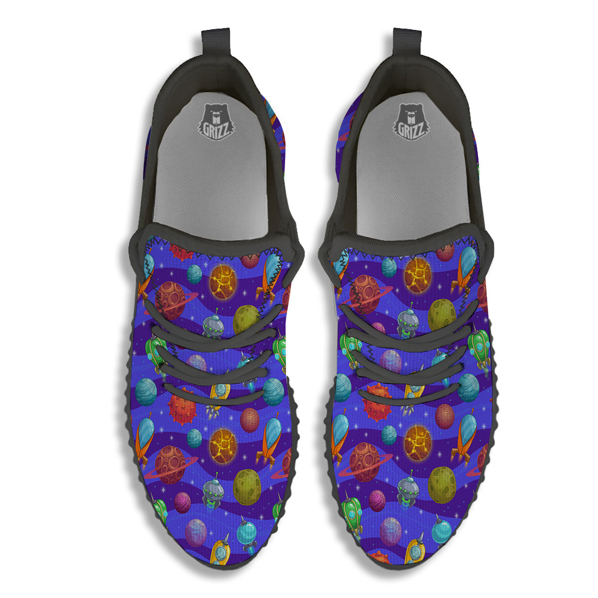 Cartoon Space Ships And Planets Print Pattern Black Walking Shoes-grizzshop