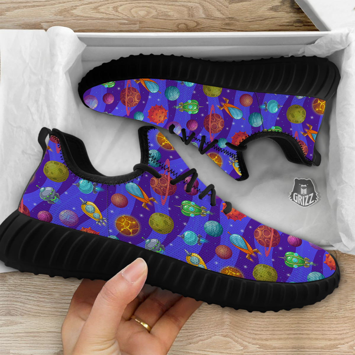 Cartoon Space Ships And Planets Print Pattern Black Walking Shoes-grizzshop