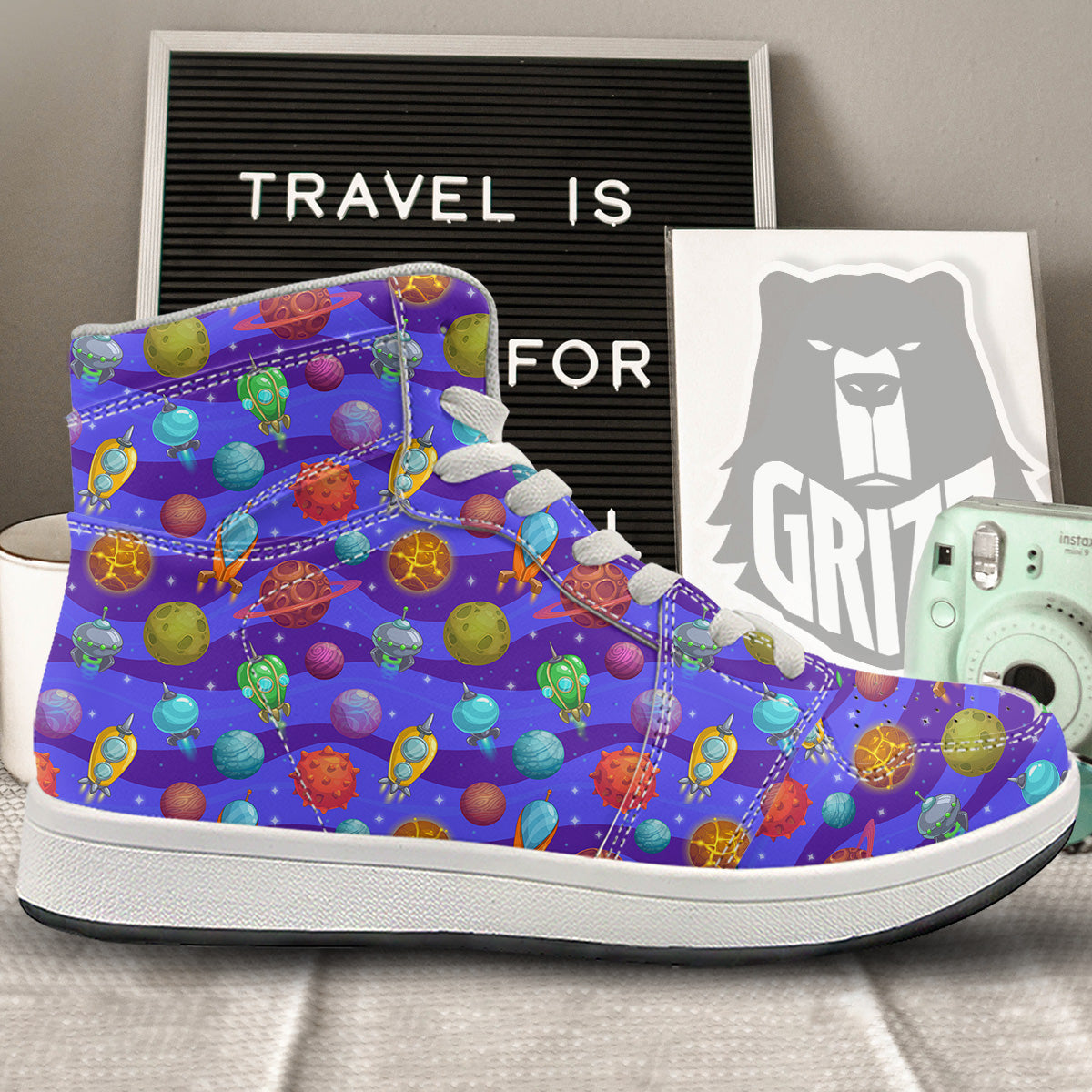 Cartoon Space Ships And Planets Print Pattern High Top Sneakers-grizzshop